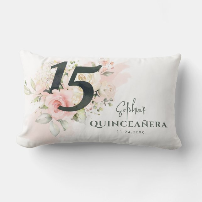 Aangepaste Quinceanera Pink Floral 15e verjaardag Kussen (Voorkant)