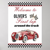 Aangepaste raceauto 1e verjaardag welkom rood vint poster (Voorkant)