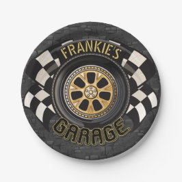 Aangepaste racebus met sneldraaimoes papieren bordje