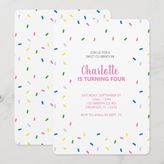Aangepaste Rainbow Sprinkle verjaardagsfeestje uit Kaart (Voorkant / Achterkant)