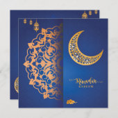 Aangepaste Ramadan Kareem Mubarak Blauw & Goud 4 Feestdagenkaart (Voorkant / Achterkant)