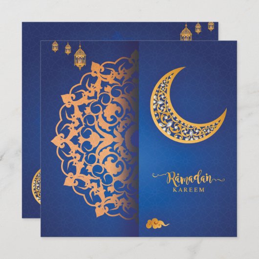 Aangepaste Ramadan Kareem Mubarak Blauw & Goud 4 Feestdagenkaart (Voorkant / Achterkant)