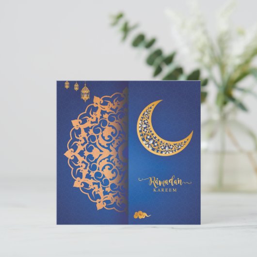 Aangepaste Ramadan Kareem Mubarak Blauw & Goud 4 Feestdagenkaart (Staand voorkant)