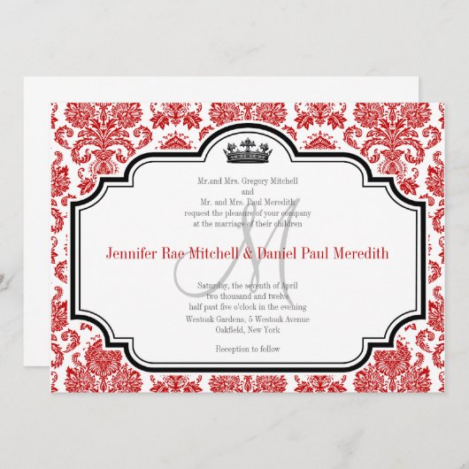 Aangepaste Red Damask Black White Wedding-uitnodig Kaart (Voorkant / Achterkant)