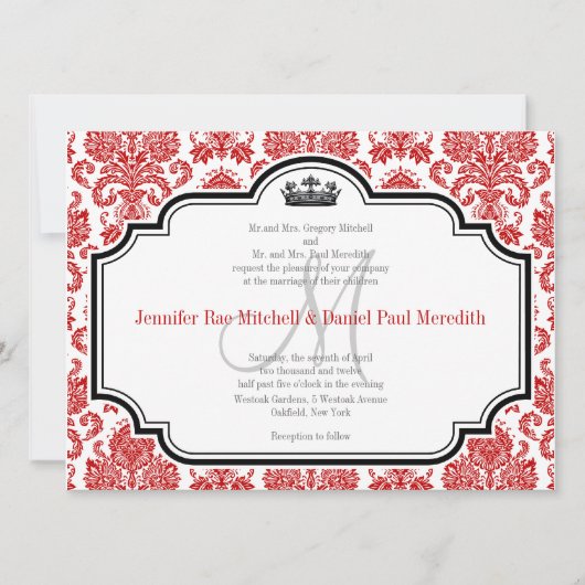 Aangepaste Red Damask Black White Wedding-uitnodig Kaart (Voorkant)