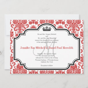 Aangepaste Red Damask Black White Wedding-uitnodig Kaart