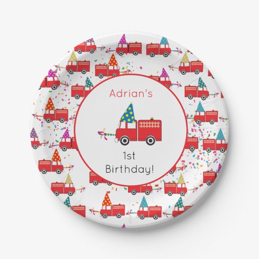 Aangepaste Red Fire Truck Party Pattern Birthday Papieren Bordje (Voorkant)