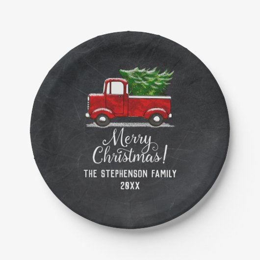 Aangepaste Red Pickup Truck Tree Merry kerst Papieren Bordje (Voorkant)