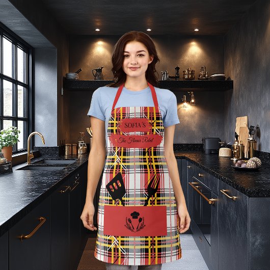Aangepaste Red Plaid Schort met Black Cooking Uten