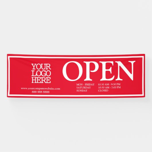 Aangepaste Red White Business Logo Open Uren Spandoek (Horizontaal)