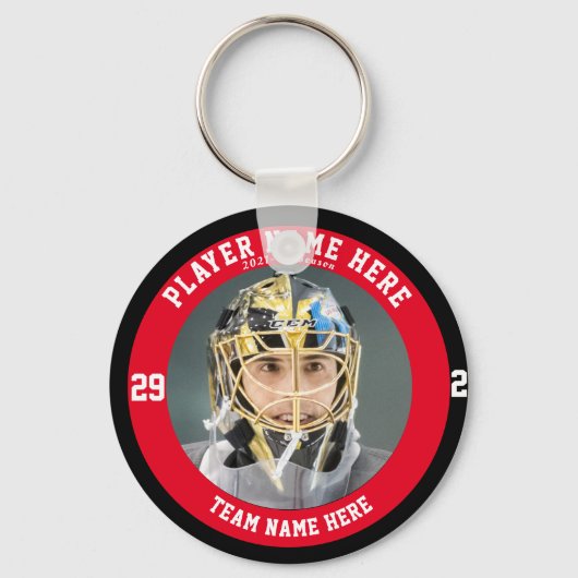 Aangepaste Red Youth Ice Hockey Teams Button Sleut Sleutelhanger (Voorkant)