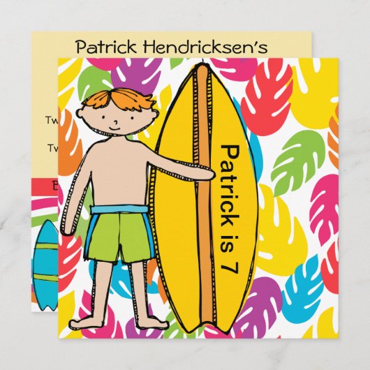 Aangepaste Redhead Boy Surfer Birthday nodigt uit Kaart (Voorkant / Achterkant)