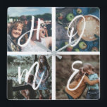 Aangepaste reeks foto-inkuilpenseel voor penseel vierkante klok<br><div class="desc">De gepersonaliseerde familiekeepslang met 4 van uw familiefoto's die in een vierkante rasterfotocollage en een mooie handgeschreven scriptspelige HOME worden geschikt. Geweldig geschenk voor moeder,  vader,  familie,  vrienden,  ouders en grootouders!</div>