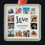 Aangepaste reeks foto's Collage Persoonlijk Wit Metalen Ornament<br><div class="desc">Creëer uw eigen persoonlijke 12 foto-collage,  kerstvakantieversiering met uw aangepaste afbeeldingen op een eenvoudige moderne witte achtergrond. Het kerstvakantiesiergezicht kenmerkt ook uw familienaam,  gevestigd jaar en een handgeschreven manuscript van de "Liefde". Voeg uw favoriete foto's,  design of kunstwerken toe aan iets echt unieks te creëer.</div>
