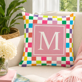 Aangepaste Regenboog Geruite Roze Monogram Kussen