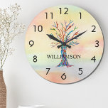 Aangepaste regenboogboom grote klok<br><div class="desc">Deze kleurrijke wandklok is versierd met een mozaïekfamilieboom in de kleuren van de regenboog op een waterverf achtergrond. Eenvoudig aan te passen met jouw naam. Omdat we ons eigen kunstwerk creëer,  zal je dit exacte afbeelding niet vinden van andere ontwerpers. Originele mozaïek en Waterverf © Michele Davies.</div>