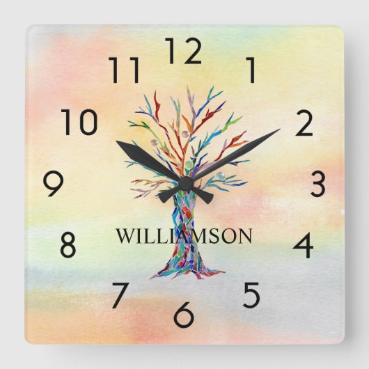 Aangepaste regenboogboom vierkante klok (Voorkant)