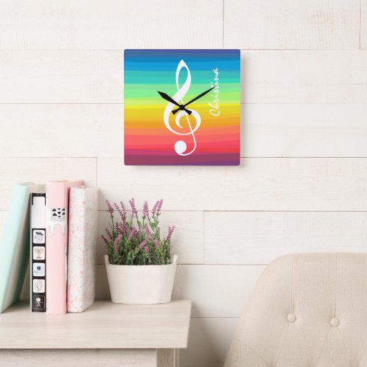 Aangepaste regenboogWaterverf Treble Clef Vierkante Klok (Leeskamer)