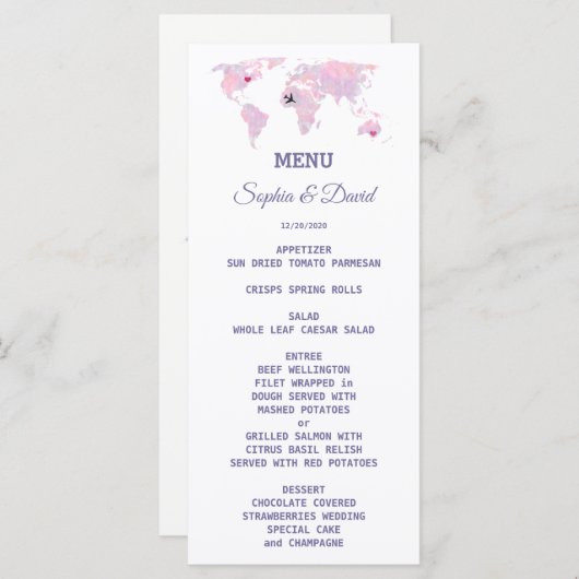 Aangepaste Reis Watercolor Wereldkaart Trouwmenu Menu (Voorkant / Achterkant)