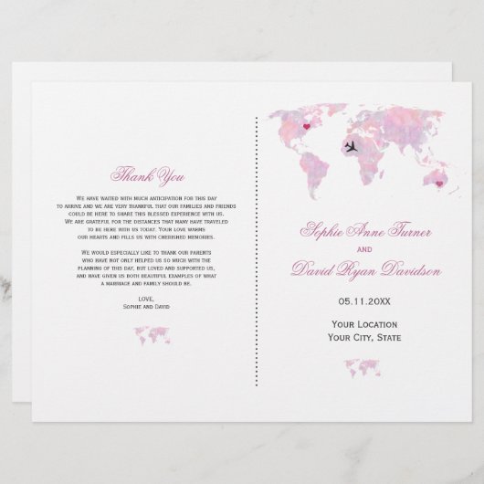 Aangepaste Reis Watercolor Wereldkaart Trouwprogra (Voorkant / Achterkant)