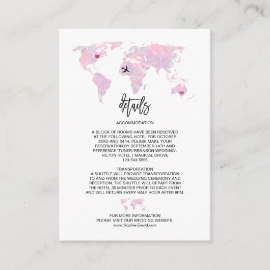 Aangepaste Reis Waterverf Wereldkaart Trouwdetails Informatiekaartje (Voorkant)