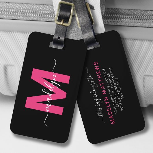 Aangepaste Reisnaam Roze Initiële Monogram Bagagelabel