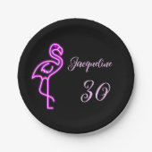 Aangepaste retro 30e verjaardag neon roze flamingo papieren bordje (Voorkant)