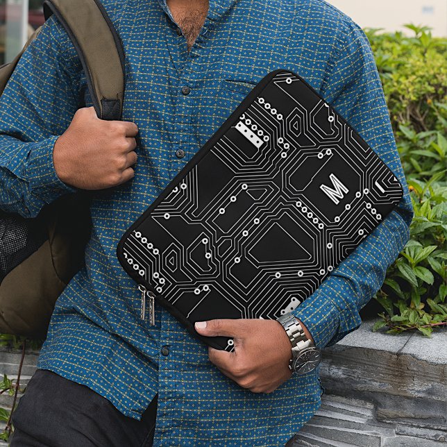 Aangepaste Retro Black White Computer Circuit Boar Laptop Sleeve (Creator heeft geüpload)