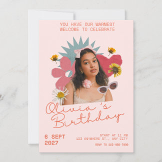 Aangepaste Retro Boho Bloemige Foto Verjaardagsuit Kaart