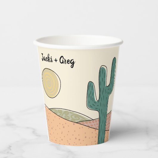 Aangepaste Retro Boho Desert Cactus Bruiloft Papieren Bekers (Voorkant)