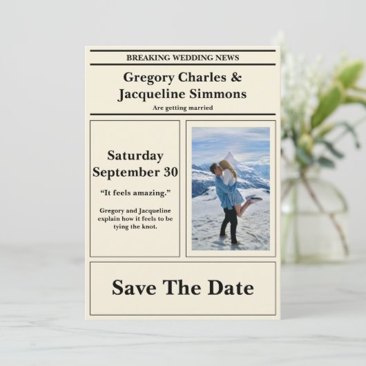 Aangepaste Retro bruiloft krantenfoto Opslaan van  Kaart (Staand voorkant)