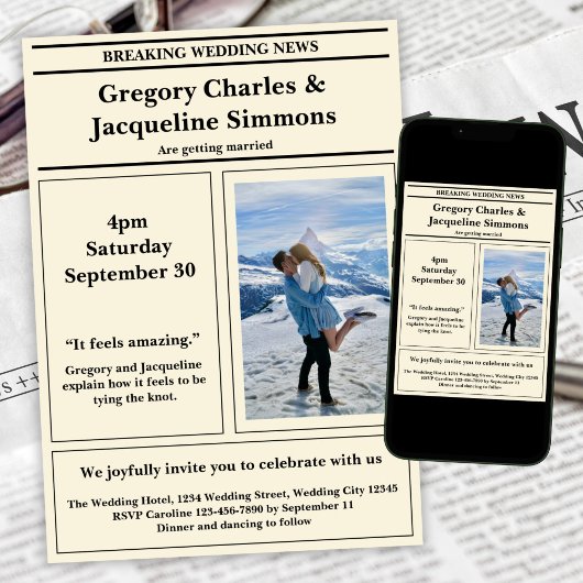 Aangepaste Retro Elegante Krant Foto Quote Bruilof Kaart