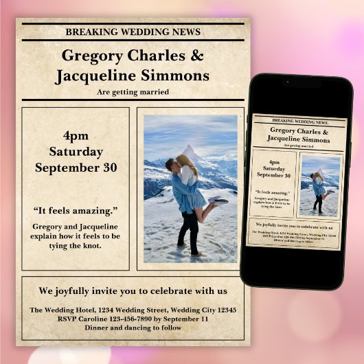 Aangepaste Retro Elegante Krant Foto Quote Bruilof Kaart