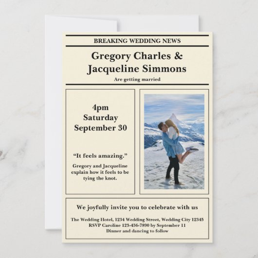 Aangepaste Retro Elegante Krant Foto Quote Bruilof Kaart (Voorkant)