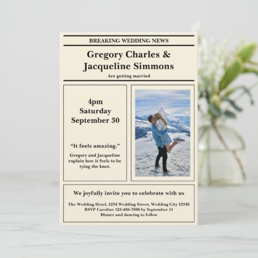 Aangepaste Retro Elegante Krant Foto Quote Bruilof Kaart (Staand voorkant)