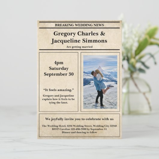 Aangepaste Retro Elegante Krant Foto Quote Bruilof Kaart (Staand voorkant)