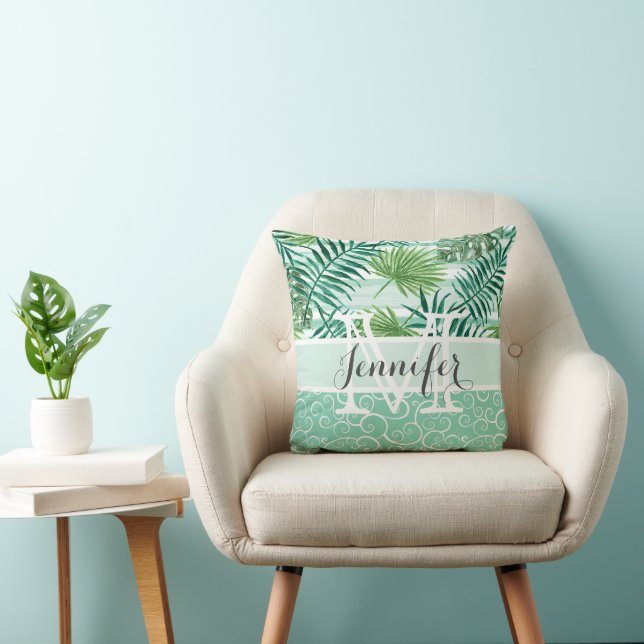 Aangepaste Retro Hip Tropical Green Palm Leafs Pat Kussen (Stoel)
