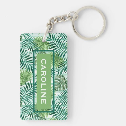 Aangepaste Retro Hip Tropical Green Palm Leafs Pat Sleutelhanger (achterkant)