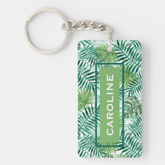 Aangepaste Retro Hip Tropical Green Palm Leafs Pat Sleutelhanger (Voorkant)