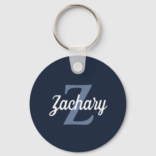 Aangepaste Retro Monogram Navy Blue White Sleutelhanger (Voorkant)