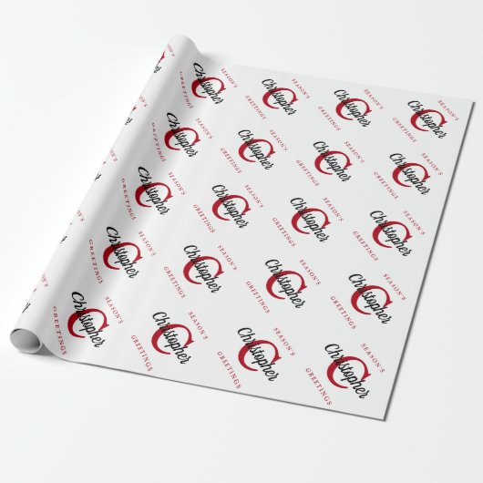 Aangepaste Retro Monogram White Red Black Holiday Cadeaupapier (Uitgerold)