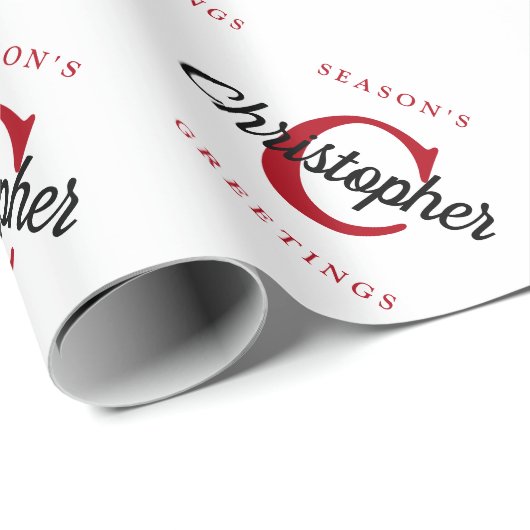 Aangepaste Retro Monogram White Red Black Holiday Cadeaupapier (Rol Hoek)