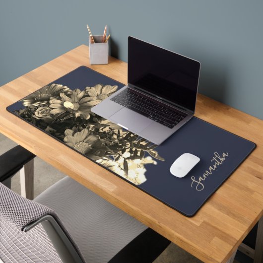Aangepaste Retro Navy Blauwe Gouden Bloemrijke Bot Bureaumat (Kantoor 2)