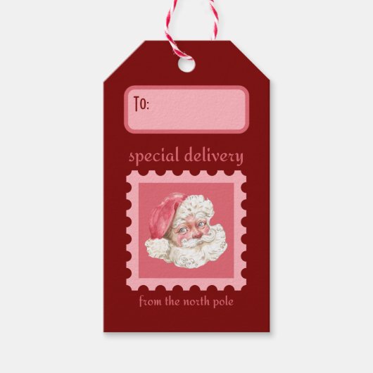 Aangepaste Retro Papier Stamp Santa Speciale Lever Cadeaulabel (Voorkant)