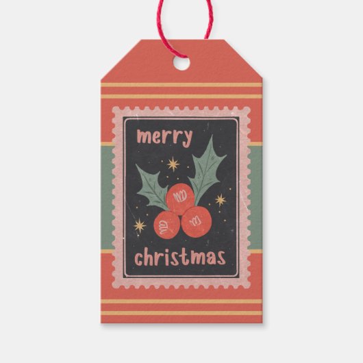 Aangepaste Retro Papieren Stempel Kerstmis Hulst B Cadeaulabel (Voorkant)