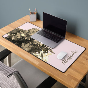 Aangepaste Retro Pastel Roze Gouden Bloemige Botan Bureaumat