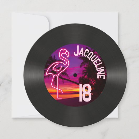 Aangepaste Retro Record Neon Flamingo 18e verjaard Kaart (Voorkant)