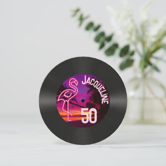 Aangepaste Retro Record Neon Flamingo 50ste verjaa Kaart (Staand voorkant)
