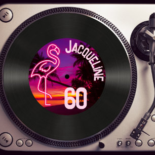 Aangepaste Retro Record Neon Flamingo 60e verjaard Kaart
