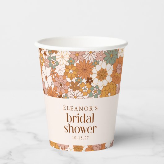 Aangepaste Retro Terracotta Boho Bloemige Bruiloft Papieren Bekers (Voorkant)